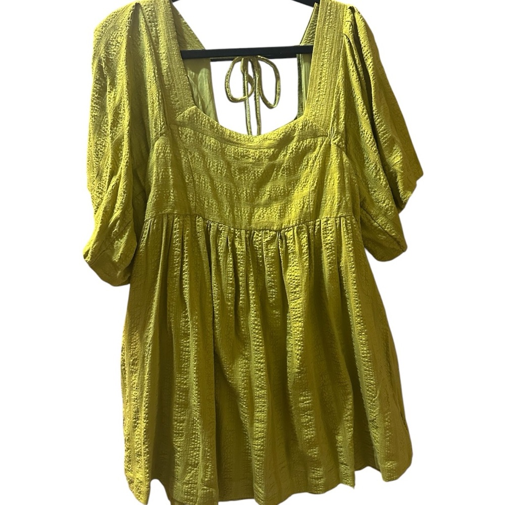 Free People Gigi Blouson Puff Sleeve Tunic Dress Medium Chartreuse Boho Pockets - Picture 2 of 12